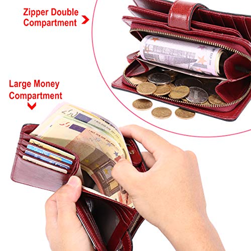 Cartera Mujer Mediana Bloqueo RFID Billeteras Mujer Piel Autentica con Cremallera, Gran Capacidad Billetera Monedero Mujer con Portafoto, Carteras Elegante Mujer con Correa Muñeca 13 Tarjetas (Rojo)