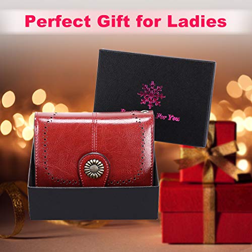 Cartera Mujer Mediana Bloqueo RFID Billeteras Mujer Piel Autentica con Cremallera, Gran Capacidad Billetera Monedero Mujer con Portafoto, Carteras Elegante Mujer con Correa Muñeca 13 Tarjetas (Rojo)