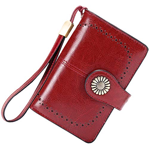 Cartera Mujer Mediana Bloqueo RFID Billeteras Mujer Piel Autentica con Cremallera, Gran Capacidad Billetera Monedero Mujer con Portafoto, Carteras Elegante Mujer con Correa Muñeca 13 Tarjetas (Rojo)