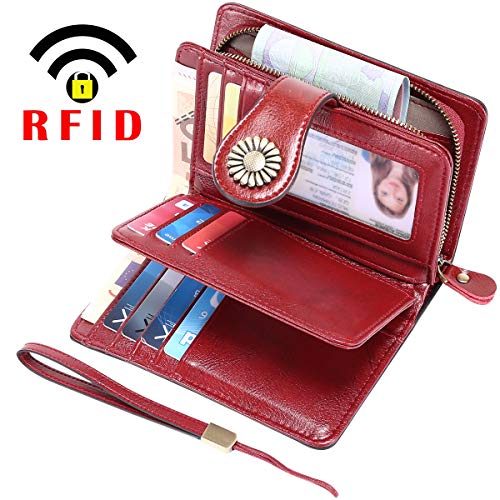 Cartera Mujer Mediana Bloqueo RFID Billeteras Mujer Piel Autentica con Cremallera, Gran Capacidad Billetera Monedero Mujer con Portafoto, Carteras Elegante Mujer con Correa Muñeca 13 Tarjetas (Rojo)