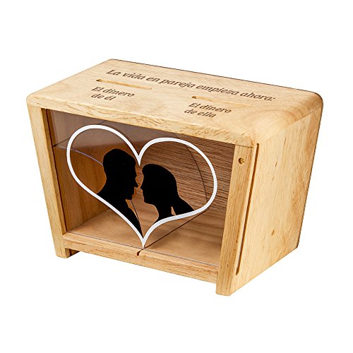 Casa Vivente Hucha Transparente de Madera y Acrílico para Parejas con Grabado Divertido Peso 420 gr