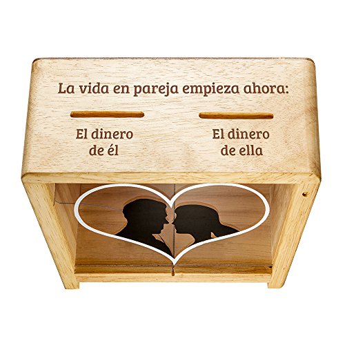 Casa Vivente Hucha Transparente de Madera y Acrílico para Parejas con Grabado Divertido Peso 420 gr