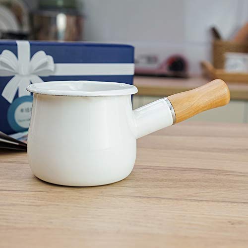 Cazo antiadherente pequeño para leche, té, café, hervir huevos, preparar la papilla del bebé, diseño esmaltado con mango de madera, fácil de limpiar, de Jmahm. blanco