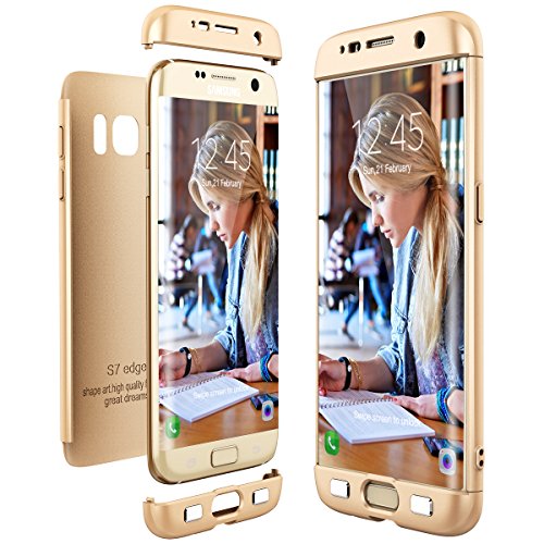 CE-Link Funda para Samsung Galaxy S7 Edge Rigida 360 Grados Integral, Carcasa S7 Edge Silicona Snap On Diseño Antigolpes Choque Absorción, Samsung S7 Edge Case Bumper 3 en 1 Estructura - Oro