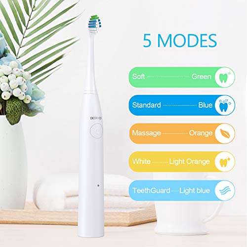 Cepillo de Dientes Eléctrico, BESCHOI Cepillo Dental Electrico Sónico Recargable con 6 Cabezales 5 Modos Impermeable IPX7 Carga Magnética USB, Blanco