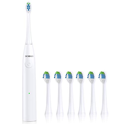 Cepillo de Dientes Eléctrico, BESCHOI Cepillo Dental Electrico Sónico Recargable con 6 Cabezales 5 Modos Impermeable IPX7 Carga Magnética USB, Blanco