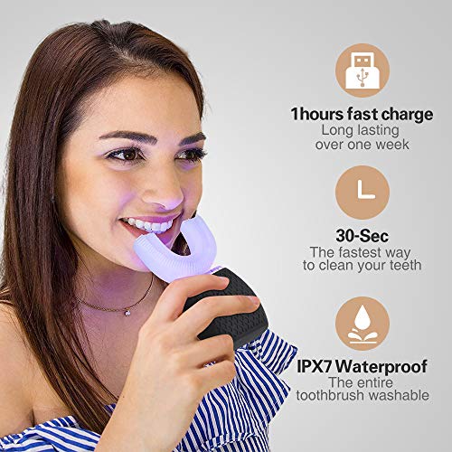 Cepillo de dientes eléctrico por ultrasonido, 360°, ultrasónico, resistente al agua, IPX7 AI, función de almacenamiento automático, chapado en Blu-ray (Black)