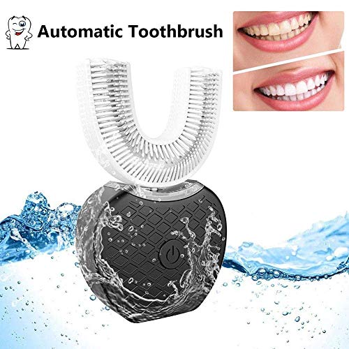 Cepillo de dientes eléctrico tipo U de frecuencia variable y totalmente automático, dientes ultrasónicos de luz fría tipo U de 360 ° para blanquear el cepillo de dientes Limpiador de boca (negro)