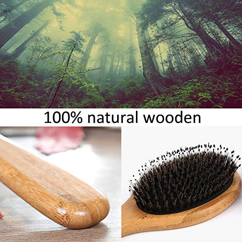 Cepillo de pelo de cerda de jabalí, Cepillo de pelo de paleta de mango de bambú natural, que el pelo Brillante Peine de pelo de jabalí redondo grande, para hombres Mujeres Gran bolsa de regalo