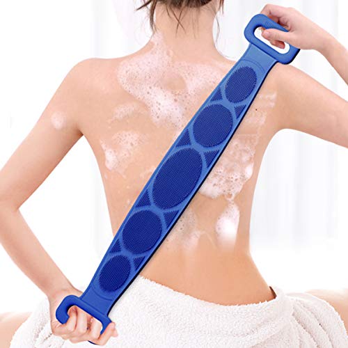 Cepillo de silicona para espalda Cepillo de baño para el cuerpo: Nueva versión 2020 Limpiador de espalda Exfoliante de ducha para masaje de espalda, Arandela de silicona de doble cara alargadora（azul）