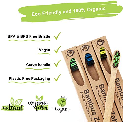 Cepillo Dientes Bambu 6 PCS Cepillo de Bambu Cepillos de Dientes de Bambu vegano, zero waste, biodegradable, sostenibles,100% libre de BPA-Bamboo Toothbrush con embalaje ecológico