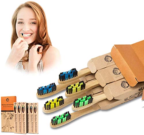 Cepillo Dientes Bambu 6 PCS Cepillo de Bambu Cepillos de Dientes de Bambu vegano, zero waste, biodegradable, sostenibles,100% libre de BPA-Bamboo Toothbrush con embalaje ecológico