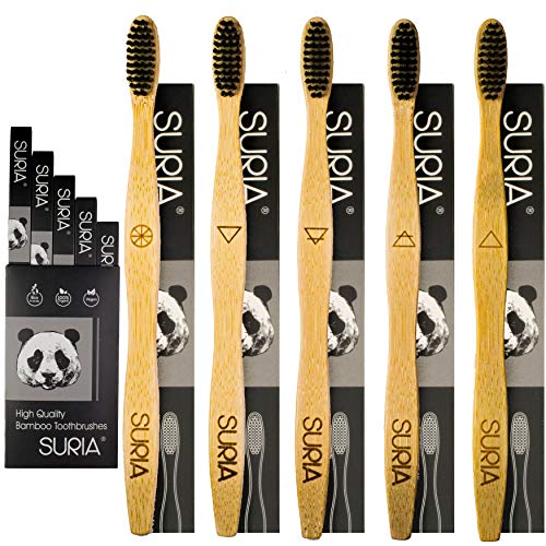 Cepillo dientes bambu, pack 5 cepillos premium, Bio - Ecologico, sostenible, libre de BPA, vegano. Cepillos de dientes naturales y reciclables