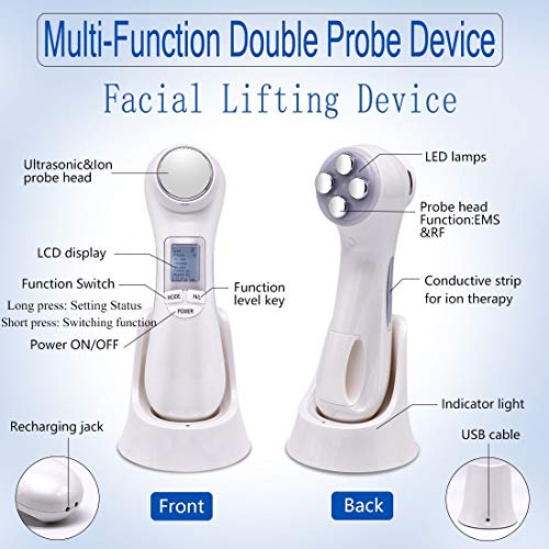 Cepillo facial limpiador, exfoliante y masajeador 6 en 1; cepillo facial para tratamiento facial con RF, EMS, ultrasonidos, vibración, iones y luz led Rejuvenece, limpia y alisa arrugas finas.