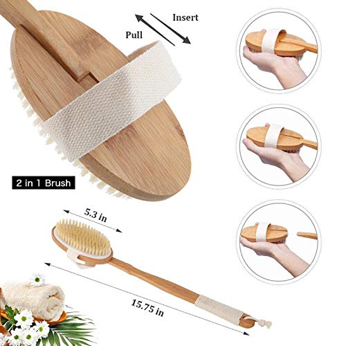 Cepillo para Cuerpo Cerdas Naturales Cepillo en Seco Ducha Baño 2 en 1 Cepillo de Espalda Cepillo Corporal Anticelulitico Mango Largo Exfoliación Masajee SPA Detox Anti celulitis