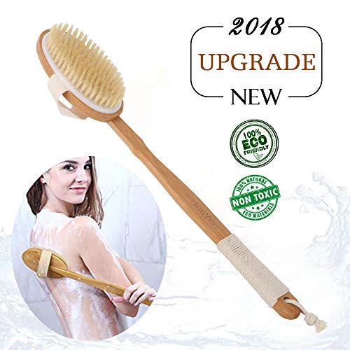 Cepillo para Cuerpo Cerdas Naturales Cepillo en Seco Ducha Baño 2 en 1 Cepillo de Espalda Cepillo Corporal Anticelulitico Mango Largo Exfoliación Masajee SPA Detox Anti celulitis