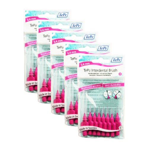 Cepillos Dentales Originales TePe - 5 Paquete (40 Cepillos) (0.40mm rosa)