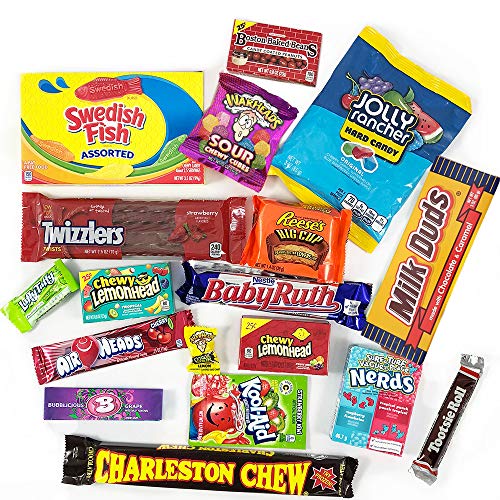 Cesta con American Candy | Caja de caramelos y Chucherias Americanas | Surtido de 18 artículos incluido Reeses, Baby Ruth, Nerds, Hersheys| Golosinas para Navidad Reyes o para regalo