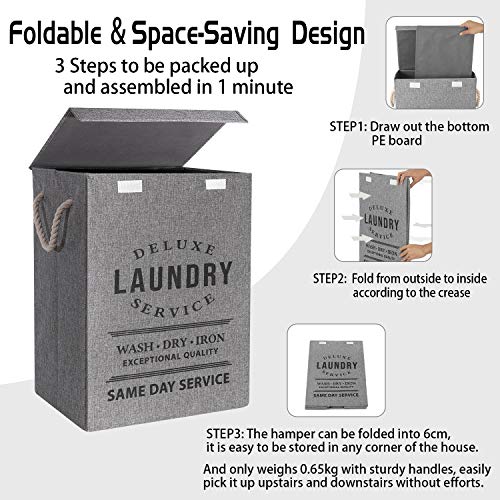 Cestas de lavandería con tapas Cestas de lino grandes de 85L para dormitorio Baño Almacenamiento Cestas de ropa plegables y portátiles Papelera para juguetes Organización de ropa(Gris claro 02)