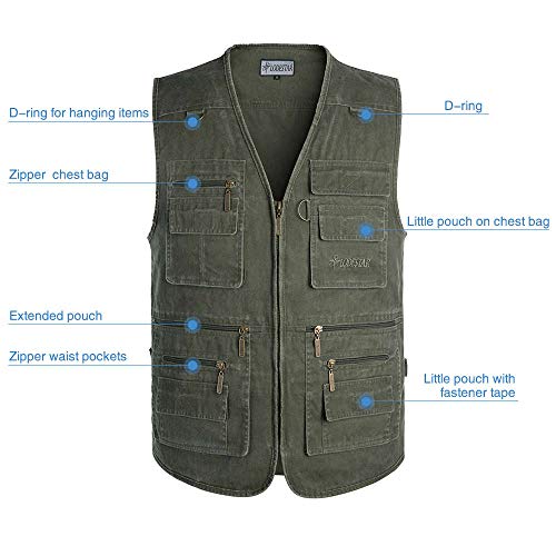 Chaleco de trabajo multifunción para pesca al aire libre, chaleco sin mangas, con cremallera, varios bolsillos, caza, senderismo, montañismo, pesca, hombre, mujer, color Ejercito Verde, tamaño 5XL