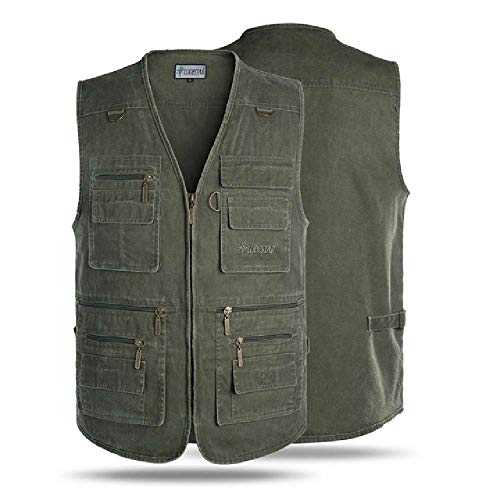 Chaleco de trabajo multifunción para pesca al aire libre, chaleco sin mangas, con cremallera, varios bolsillos, caza, senderismo, montañismo, pesca, hombre, mujer, color Ejercito Verde, tamaño 5XL