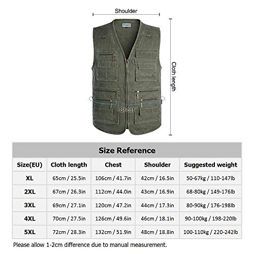 Chaleco de trabajo multifunción para pesca al aire libre, chaleco sin mangas, con cremallera, varios bolsillos, caza, senderismo, montañismo, pesca, hombre, mujer, color Ejercito Verde, tamaño 5XL