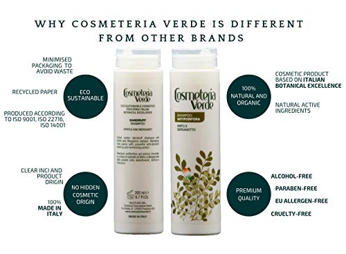 Champú Anticaspa Cosmeteria Verde - Champú anticaspa con acción inmediata, basados en extractos de Mirto y Bergamota de las poderosas virtudes anticaspa, calmantes y reforzantes.