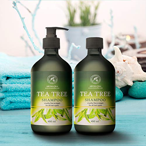 Champú de Aceite Esencial de Árbol de Té 480ml - Extractos de Grosella Espinosa India & Romero - Anticaspa - para Cuero Cabelludo Sensible - Crecimiento & Volumen del Cabello - Champú Humectante