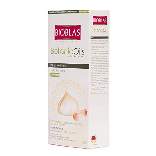Champú de ajo de Bioblas Botanic Oils, inodoro, y dermatológicamente probado, anticaída del pelo, acelera el crecimiento y reduce la pérdida de pelo, para mujeres y hombres, con aceite bio, 360 ml