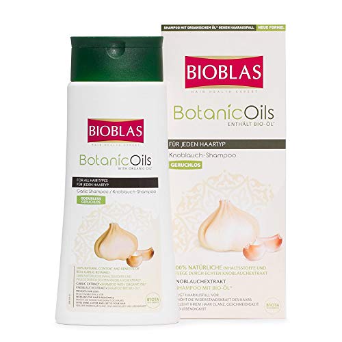 Champú de ajo de Bioblas Botanic Oils, inodoro, y dermatológicamente probado, anticaída del pelo, acelera el crecimiento y reduce la pérdida de pelo, para mujeres y hombres, con aceite bio, 360 ml