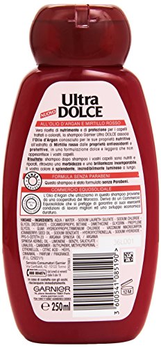 Champú Garnier Ultra Dolce con aceite de argán y arándano rojo, para cabello tratado o teñido, 250 ml