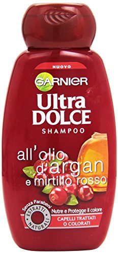 Champú Garnier Ultra Dolce con aceite de argán y arándano rojo, para cabello tratado o teñido, 250 ml
