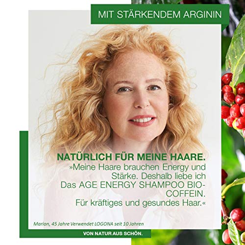 Champú natural Age Energy de Logona, de biocafeína, eficaz contra la caída del cabello, fortalece el cabello fino y sin fuerza, proporciona energía y fuerza para el cabello fortalecido, vegano, 250 ml