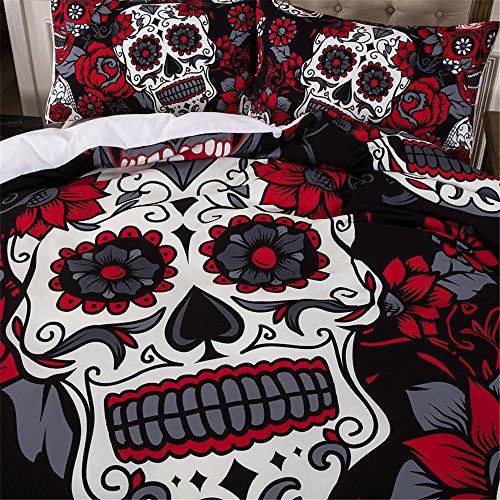 CHAOSE Juego de Sábanas Calavera 3D roja y Negra Funda Nórdica de Algodón y poliéster 3 Piezas (1 Funda Nórdica + 2 Funda de Almohada 48x74cm) (Rojo, (220 x 240cm+2/74x48cm) - Cama de 150/160)
