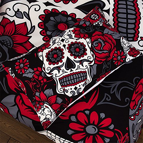 CHAOSE Juego de Sábanas Calavera 3D roja y Negra Funda Nórdica de Algodón y poliéster 3 Piezas (1 Funda Nórdica + 2 Funda de Almohada 48x74cm) (Rojo, (220 x 240cm+2/74x48cm) - Cama de 150/160)