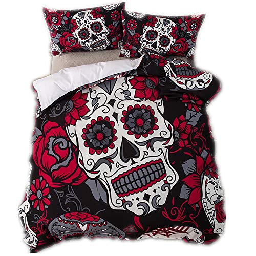 CHAOSE Juego de Sábanas Calavera 3D roja y Negra Funda Nórdica de Algodón y poliéster 3 Piezas (1 Funda Nórdica + 2 Funda de Almohada 48x74cm) (Rojo, (220 x 240cm+2/74x48cm) - Cama de 150/160)