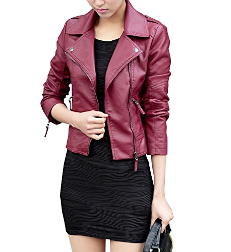 Chaquetas PU Cuero Moto Cazadoras corta Chaqueta con cremallera L Vino rojo