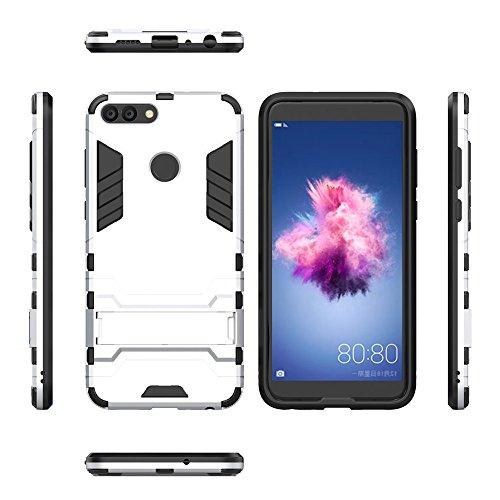 CHcase Huawei P Smart Funda, 2in1 Armadura Combinación A Prueba de Choques Heavy Duty Escudo Cáscara Dura PC + Suave TPU Silicona Rubber Case Cover con Soporte para Huawei P Smart -Silver