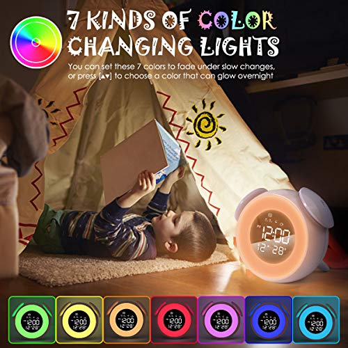 CHEREEKI Despertador Infantil, Reloj Despertador para Niños con 4 LED de Brillo/7 Colores/Dual Alarma/25 Musica, Despertador Niña con Control táctil (Blanco)