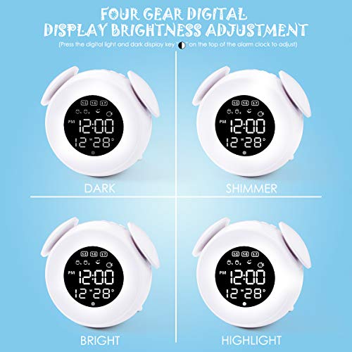 CHEREEKI Despertador Infantil, Reloj Despertador para Niños con 4 LED de Brillo/7 Colores/Dual Alarma/25 Musica, Despertador Niña con Control táctil (Blanco)