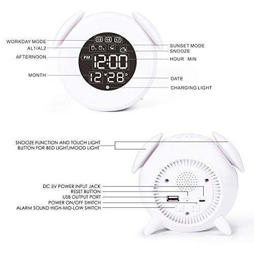 CHEREEKI Despertador Infantil, Reloj Despertador para Niños con 4 LED de Brillo/7 Colores/Dual Alarma/25 Musica, Despertador Niña con Control táctil (Blanco)