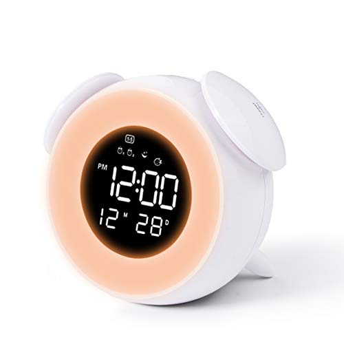 CHEREEKI Despertador Infantil, Reloj Despertador para Niños con 4 LED de Brillo/7 Colores/Dual Alarma/25 Musica, Despertador Niña con Control táctil (Blanco)