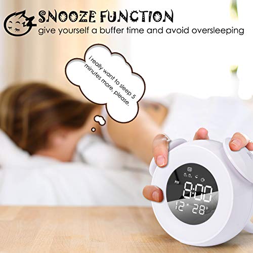 CHEREEKI Despertador Infantil, Reloj Despertador para Niños con 4 LED de Brillo/7 Colores/Dual Alarma/25 Musica, Despertador Niña con Control táctil (Blanco)