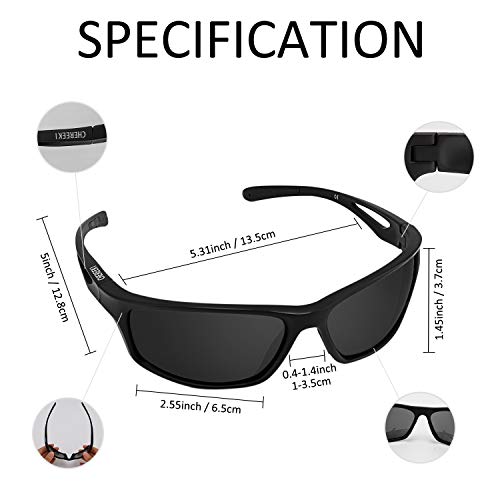 CHEREEKI Gafas De Sol, Polarizadas Deportivas Gafas De Sol con Proteccion UV400 & TR90 Súper Ligero Marco Gafas para La Pesca, el Golf, el Ciclismo (Negro)