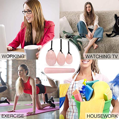 Cherrypop Huevos, 3 piezas de huevos de jade de cristal rosa natural perforados + 1 palo de masaje para ejercicios de Kegel, juego de 4 piezas