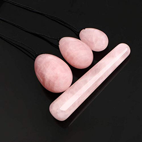 Cherrypop Huevos, 3 piezas de huevos de jade de cristal rosa natural perforados + 1 palo de masaje para ejercicios de Kegel, juego de 4 piezas