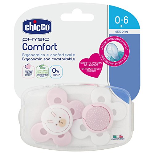 Chicco Physio Comfort - Pack de 2 chupetes de silicona 0-6 m, color rosa (diseños surtidos)