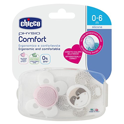 Chicco Physio Comfort - Pack de 2 chupetes de silicona 0-6 m, color rosa (diseños surtidos)