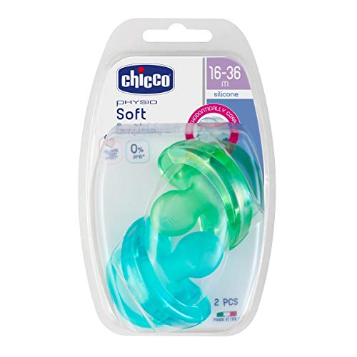 Chicco Physio Soft - Pack de 2 chupetes todo goma de silicona, Azul y Verde, 16-36 m