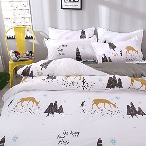 Chickwin Juego de Ropa de Cama 3 Piezas para Cama 135/140cm Poliéster Funda de edredón 180 * 220cm Funda de Almohada 50 * 75cm Estilo Animal(Cama 135/140cm, Ciervo del Bosque)
